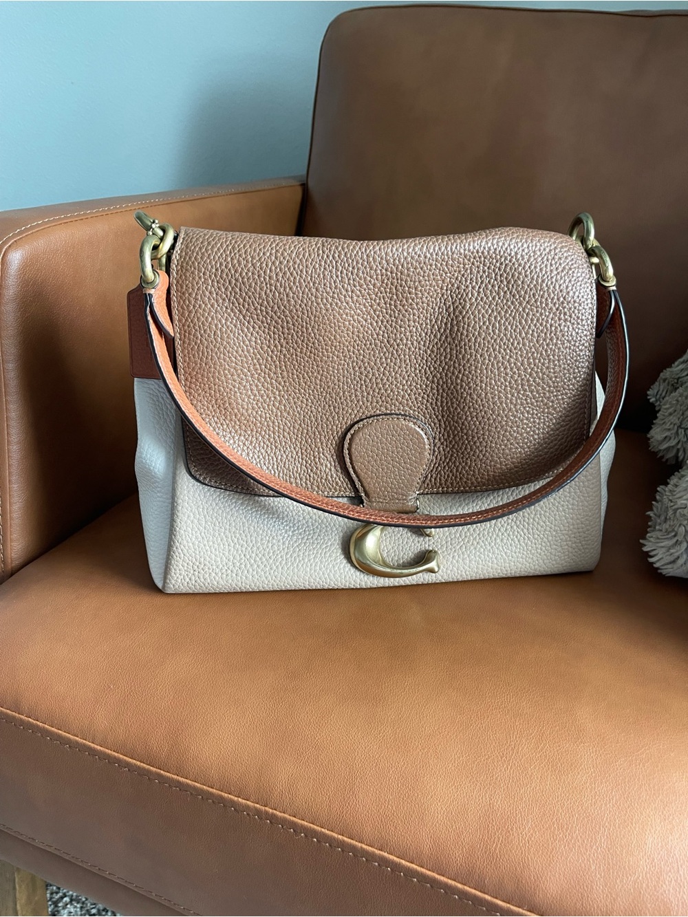 Coach “May” Two-Tone Pebbled Leather Shoulder Bag in Brown and Cream
